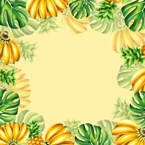 水彩热带框架与一束香蕉，菠萝和怪物的叶子。适合设计师，水疗装饰，明信片，婚礼，问候，壁纸，包装纸，剪贴簿，封面，邀请函图片下载