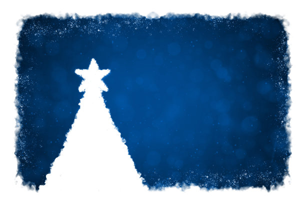 横向暗色午夜海军蓝圣诞背景，一个创意的白色圣诞树由雾或烟雾制成，顶部有一颗明亮的闪亮的星星，雪花般的闪光布满了闪闪发光的斑点背景图片下载