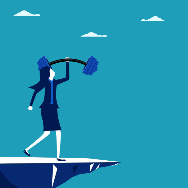 强大的业务的女人。女商人用一只手拿着杠铃。成功的概念。向量图片下载