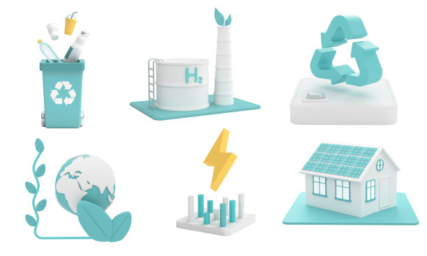 3d生态图标集。垃圾桶，储氢，回收，绿色能源，有太阳能电池板的房子。可再生能源概念。3d渲染插图。图片下载