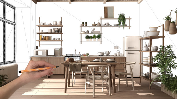 未完成的项目，正在施工的草稿，概念室内设计草图，手绘真实的木制厨房与餐桌在蓝图背景，建筑师和设计师的想法图片下载