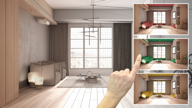 建筑师设计概念，手展示极简主义客厅与大全景窗，不同的颜色选择，室内设计方案草案，颜色选择器，材料样品图片下载