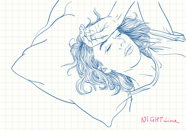 疲惫的年轻女子睡在床上的蓝色钢笔素描图片下载