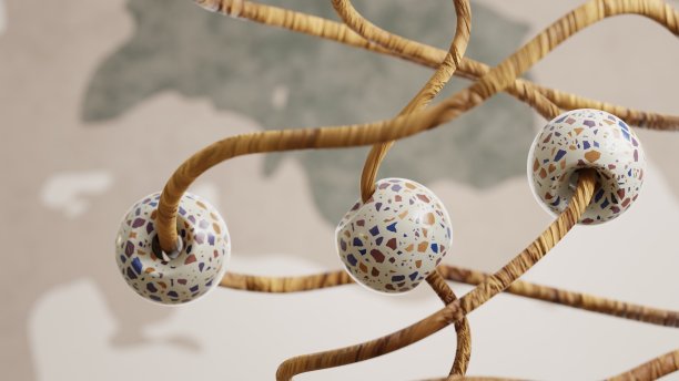 木制树枝上有地中海图案的珠子。3 d渲染。图片下载