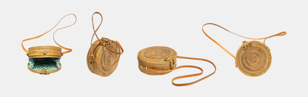 时尚的圆形藤包孤立在灰色背景。夏季女包，环保天然有机材质，生态时尚，时尚，女性配饰。来自巴厘岛的手工生态袋图片下载
