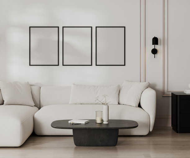 海报框架模拟现代客厅与白色沙发和墙壁与造型，黑白法国风格，3d渲染图片下载