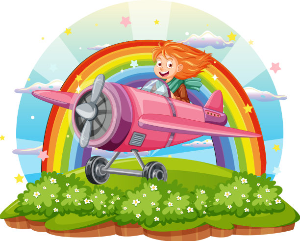 可爱的女孩开着飞机降落在山上图片下载