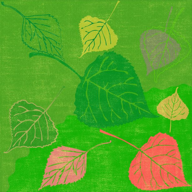 绿色背景上的多彩秋叶，具有不同程度的绘画和细节图片下载