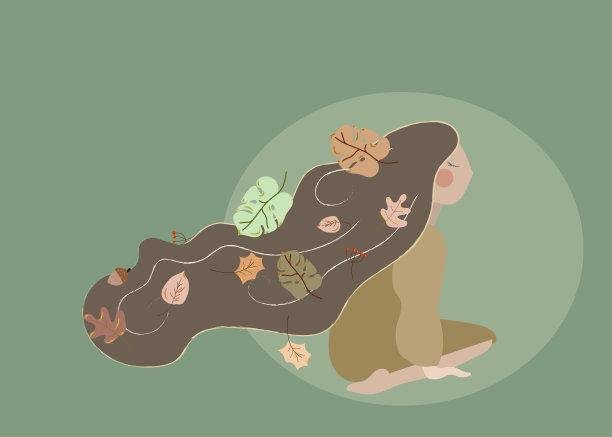 深褐色的秋姑娘，满头落叶，坐在绿色的背景上享受秋天图片下载