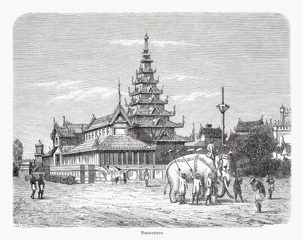 缅甸曼德勒附近的阿马拉普拉宫，木刻，1868年出版图片下载