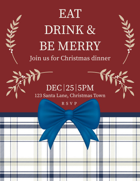 圣诞派对邀请模板与格子和鞠躬图片下载