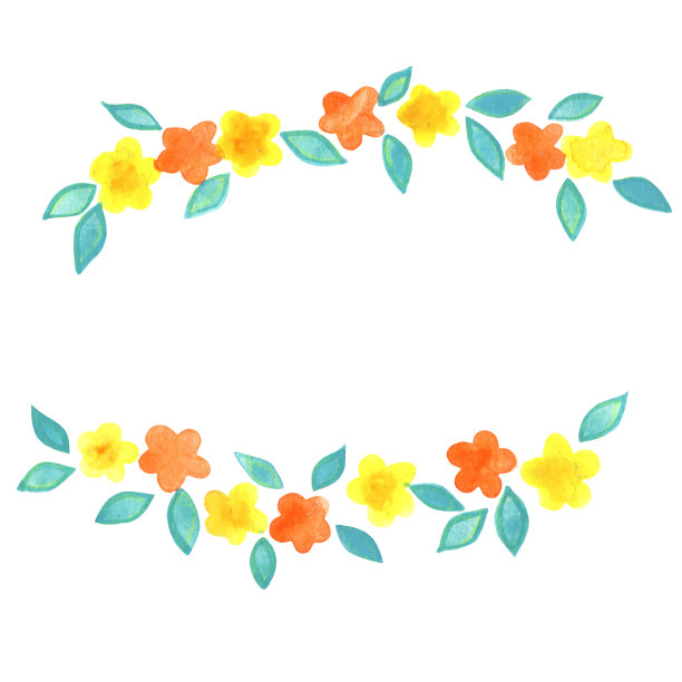 黄色和橙色的花和叶子花环水彩装饰花园和春天。图片下载