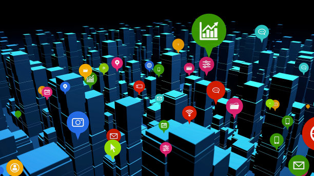 3D CG城市和应用程序图标。通信网络。图片下载