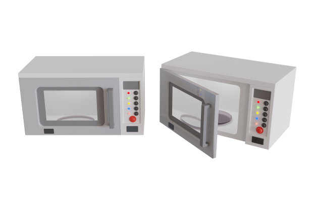 现代微波炉，门可开可闭，里面有灯。烹调食物用厨房电器。三维空白色微波炉与显示器，按钮和玻璃板图片下载