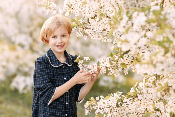 女孩在盛开的苹果园里图片下载