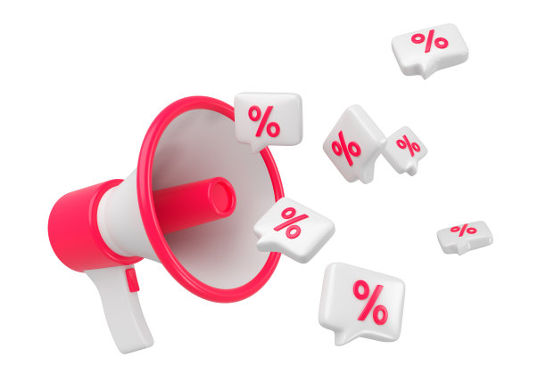 扩音器用红色百分比提供宣传信息气泡隔离。关闭价格折扣图标的销售和网上购物的概念。3 d渲染。图片下载