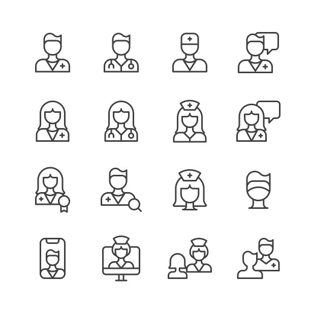 医生和护士线图标。可编辑的中风。像素完美。移动和网络。包含护理、诊所、医生、保健、医院、口罩、医生、药物、护士、患者、医生、听诊器、外科医生、治疗、制服等图标。图片下载