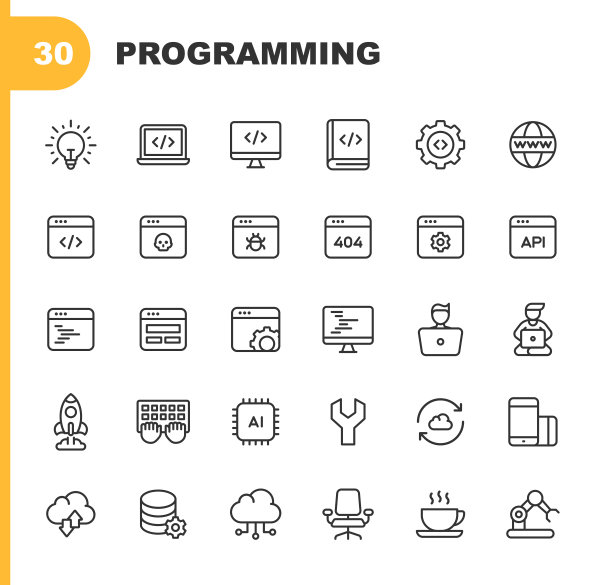 计算机编程线图标。可编辑的中风。像素完美。移动和Web。包含编程、计算机语言、软件开发、编码、病毒、错误、机器学习、人工智能、敏捷、黑客、Java、Sql等图标。图片下载