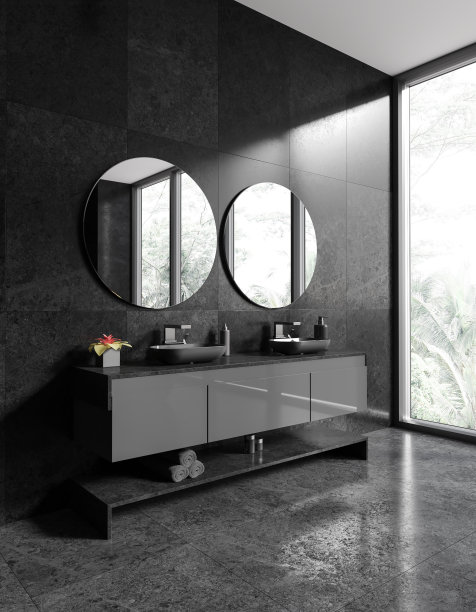 灰色时尚的浴室内部配有双水槽和洗浴配件，窗户图片下载