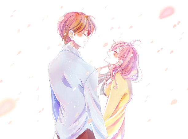 一个男人和一个女人在樱花飘落的时候面对面地笑着图片下载