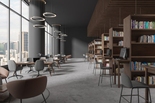 现代图书馆内部，桌椅排，书架和窗户图片下载
