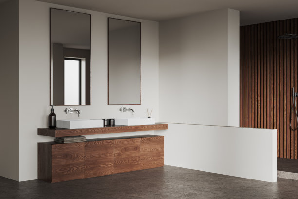 白色和木制的浴室角落有双水槽和淋浴图片下载