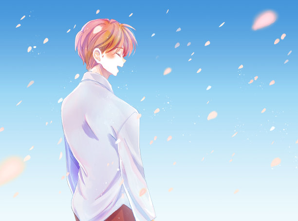 一个男人在樱花飘落时开心地微笑图片下载