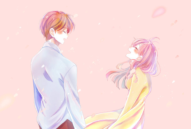 一个男人和一个女人在樱花飘落的时候面对面地笑着图片下载