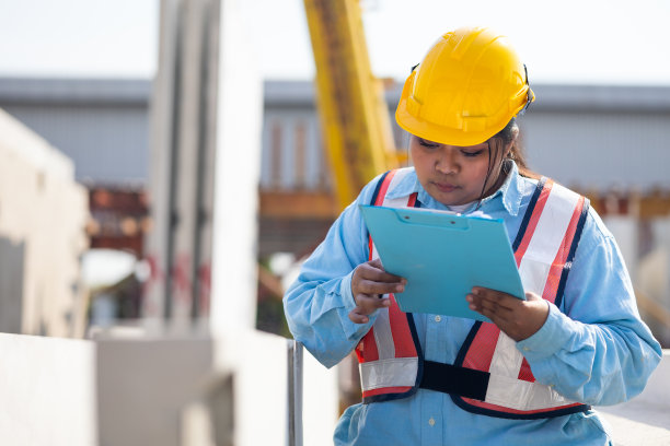 非裔美籍女领班检查预制混凝土墙的质量。戴着安全帽的加码女工在重型预制混凝土墙制造工厂工作图片下载