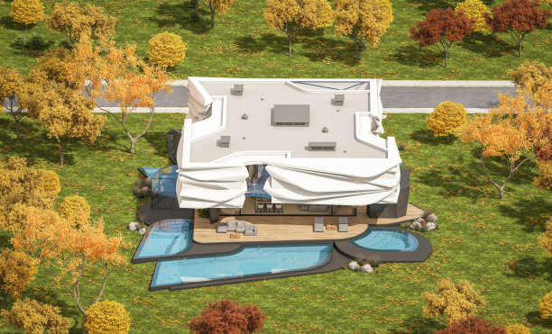 现代住宅的三维渲染，秋天的仿生自然曲线的塑性形式图片下载