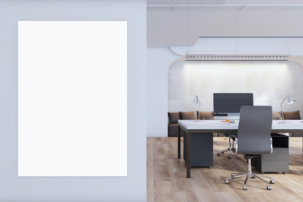 现代联合办公室内与空的白色模拟框架，家具和设备。3 d渲染。图片下载