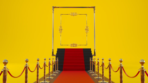 红地毯障碍导致金色框架在彩色背景，VIP概念图片下载