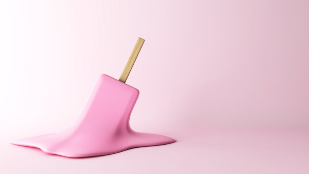 在粉红色的背景上，半融化的粉色冰棒棒。用冰棒制作的图像。, 3 d渲染图片下载