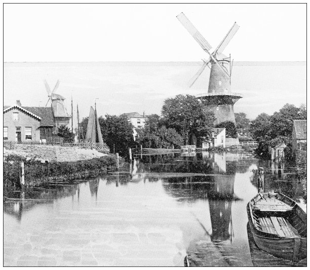 荷兰的古董旅行照片:运河和风车图片下载