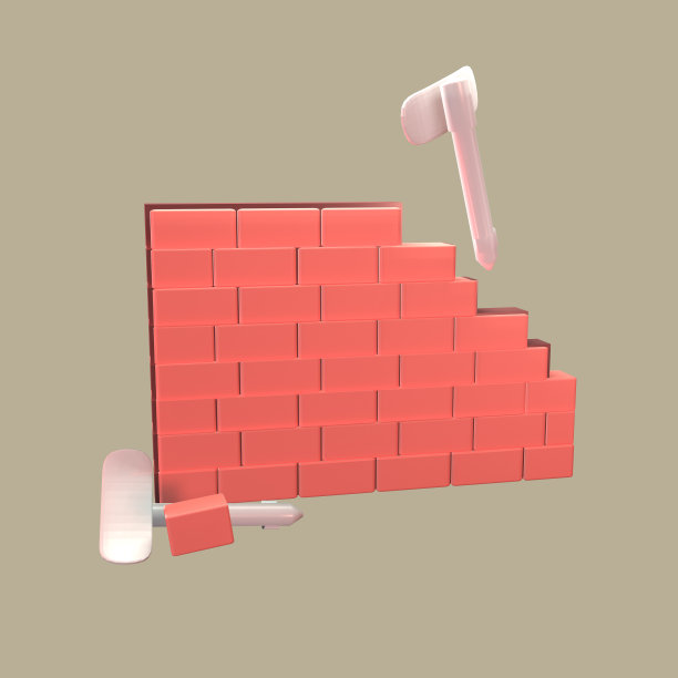 3D图标砖墙与砖石铲渲染孤立的彩色背景图片下载
