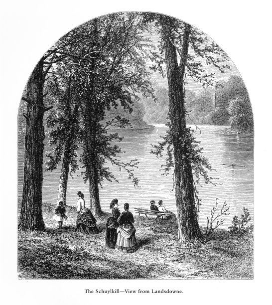 1872年，美国宾夕法尼亚州费城，兰德斯顿的斯古吉尔河，美国维多利亚版画图片下载