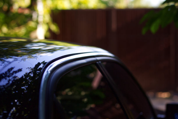 从侧面拍摄的一辆黑色汽车的照片，上面有美丽的植物倒影图片下载