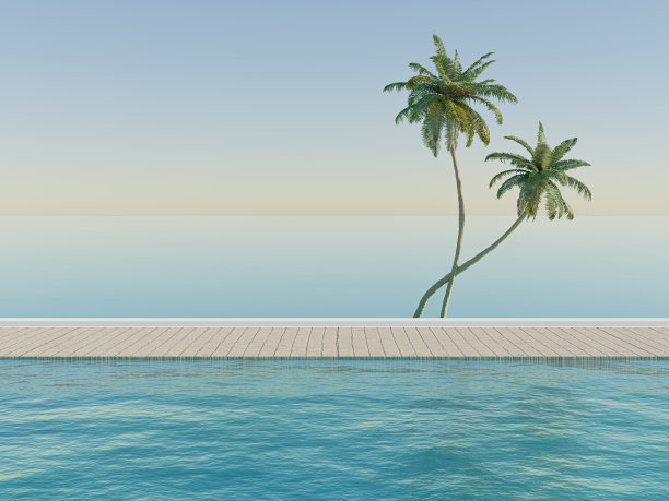 放松的夏天，日光浴甲板和私人游泳池与附近的海滩和全景海景豪华住宅3d渲染图片下载