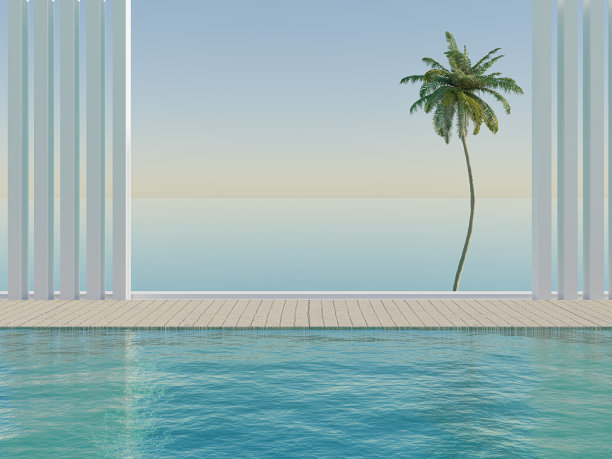 放松的夏天，日光浴甲板和私人游泳池与附近的海滩和全景海景豪华住宅3d渲染图片下载