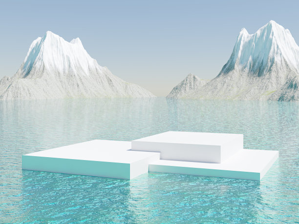 摘要3d渲染冬季场景和自然讲台背景，白色讲台上的大海背景晴朗的天空和冰雪火山的产品展示广告化妆品，护肤品或等图片下载