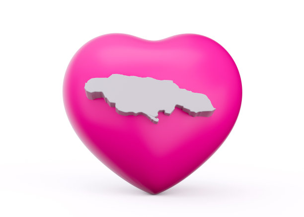3d粉红色的心与牙买加隔离在白色背景上的3d白色地图3d插图图片下载