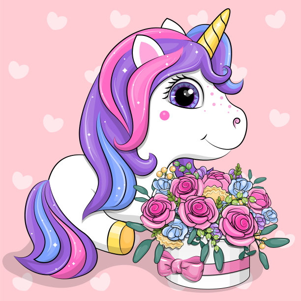 可爱的卡通独角兽带着一束花。图片下载