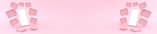 3 d渲染。粉色智能手机白色屏幕周围有许多粉色聊天符号。智能手机的白色屏幕可以用于商业广告，在粉色背景下，进行插图。图片下载