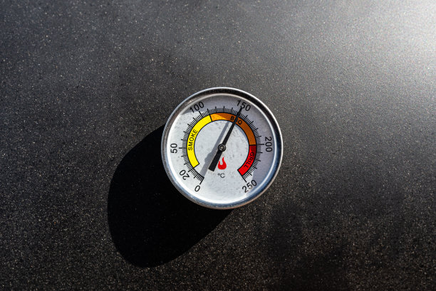 一个圆形温度计，显示150摄氏度，放在木炭烤架上。图片下载