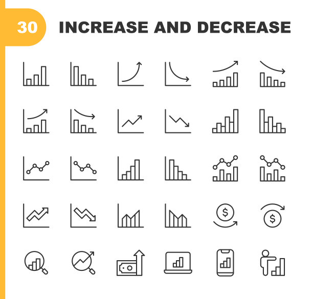 增加和减少线图标。可编辑笔画，包含箭头、图表、图表、财经、方向、图形、增长、利率、投资、业绩、规划、共享、股市数据、成功、流量等图标。图片下载