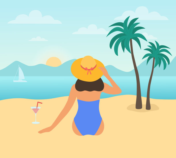 身穿泳装、头戴黄帽的年轻女子坐在沙滩上的后景。暑假概念图片下载