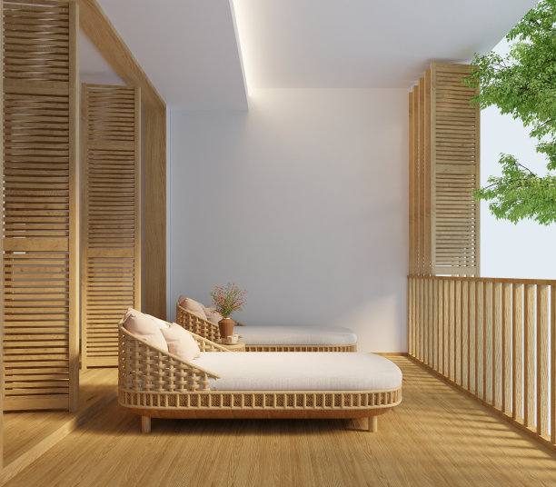模拟木质露台3d渲染与白色空白墙和木条门装饰图片下载