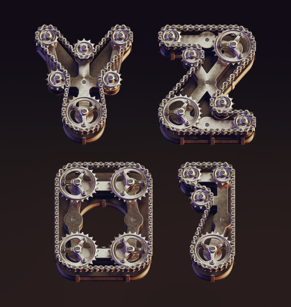 3d渲染蒸汽朋克风格的字母由自行车齿轮和链条。老式机械字体。图片下载