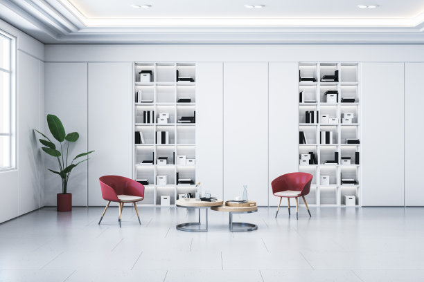 现代白色混凝土内部有架子，咖啡桌，椅子和其他物品。3 d渲染。图片下载