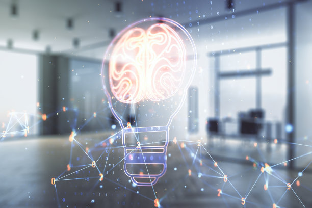 抽象的虚拟概念与灯泡和人类的大脑插图在现代办公背景。神经网络和机器学习的概念。Multiexposure图片下载